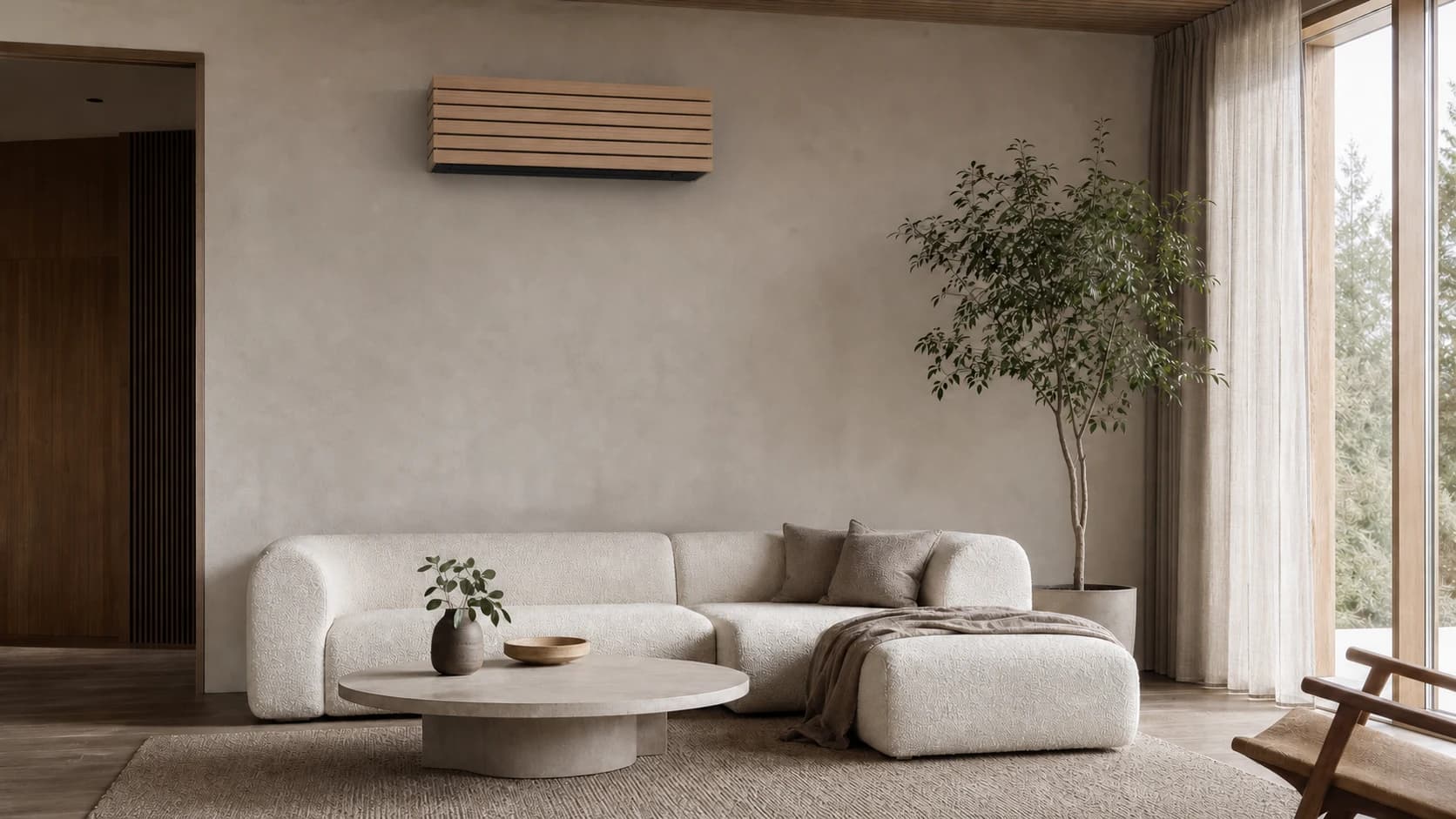 Toshiba Arctic Wood korkealle asennettuna premium-olohuoneen seinälle