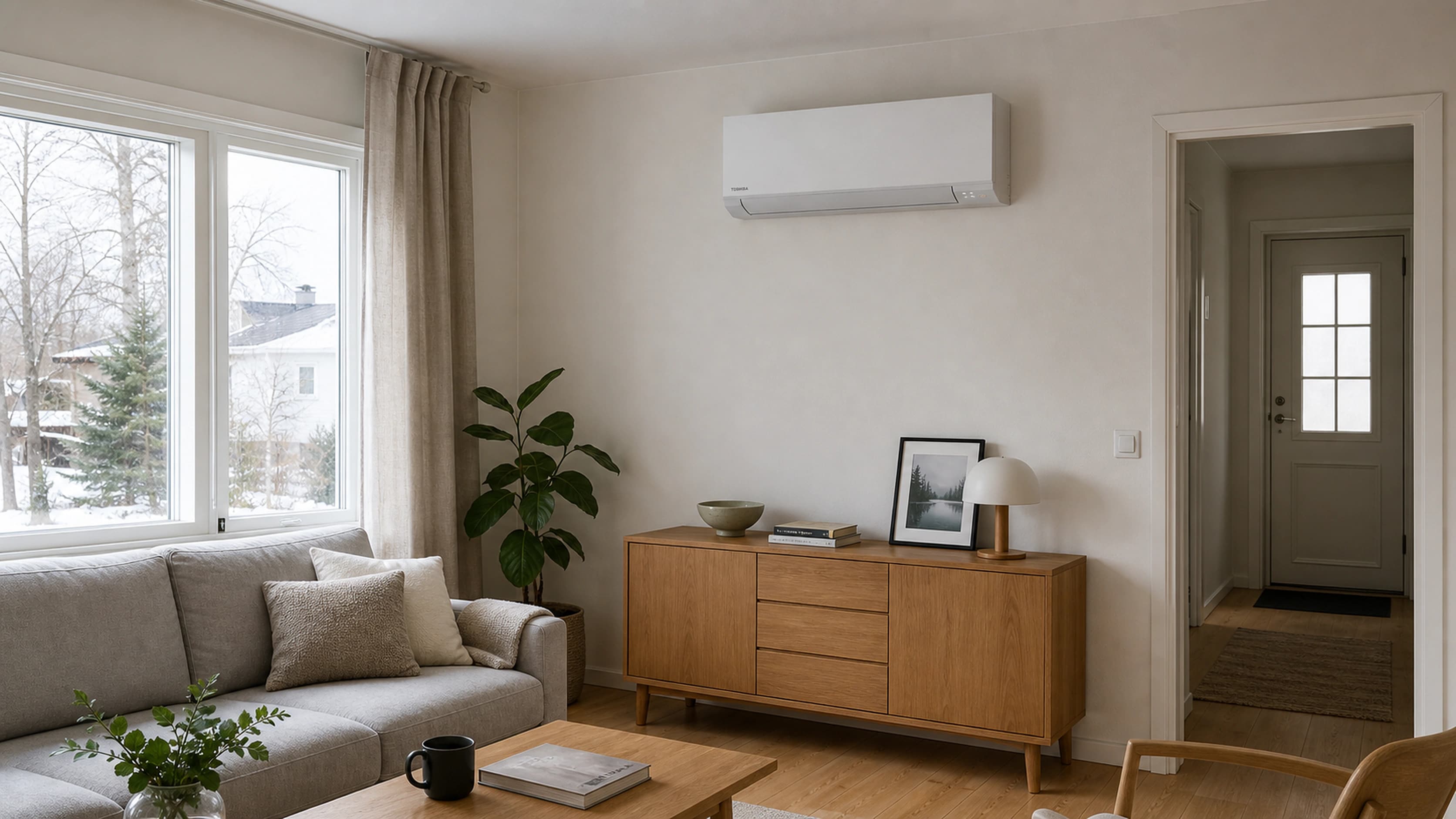 Toshiba Polar White+ korkealle asennettuna vaalean premium-olohuoneen seinälle